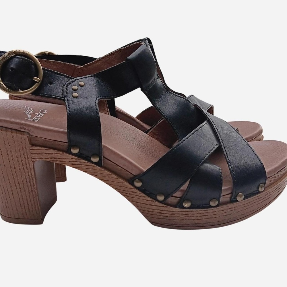 Dansko Black Leather Clogs with wooden heel and gold studs, size US 7.5